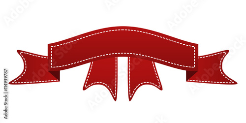 Embroidered red ribbon isolated on white. Can be used for banner, award, sale, icon, logo, label etc. Vector illustration