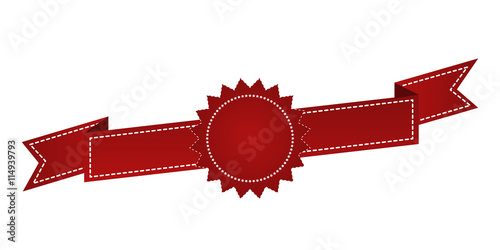 Embroidered red ribbon isolated on white. Can be used for banner, award, sale, icon, logo, label etc. Vector illustration