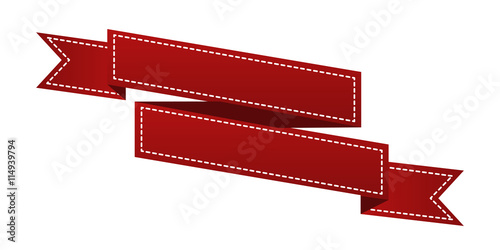 Embroidered red ribbon isolated on white. Can be used for banner, award, sale, icon, logo, label etc. Vector illustration