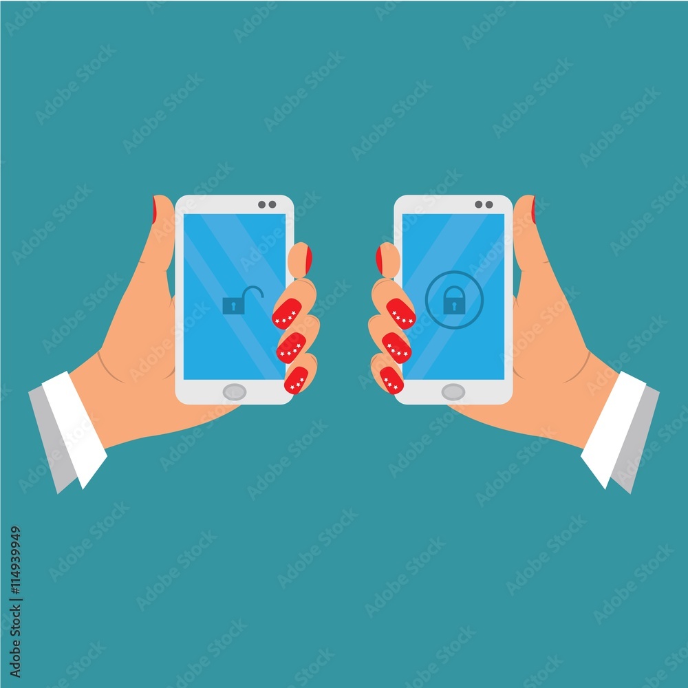 female hand holding mobile phone, badge blocked and unblocking. illustration vector cartoon female hand holding mobile phone, badge blocked and unblocking. illustration vector cartoon