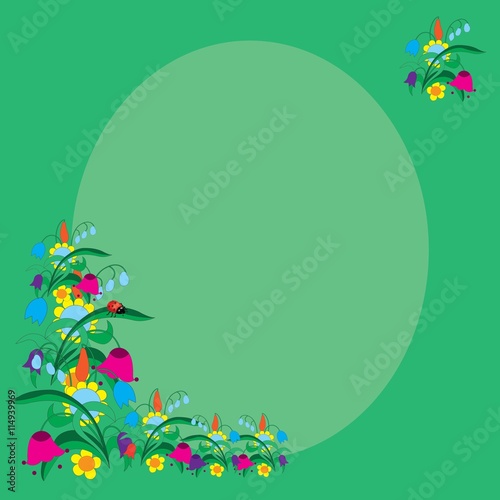 frame summer flowers ladybug bells, greetings, vector illustration cartoon