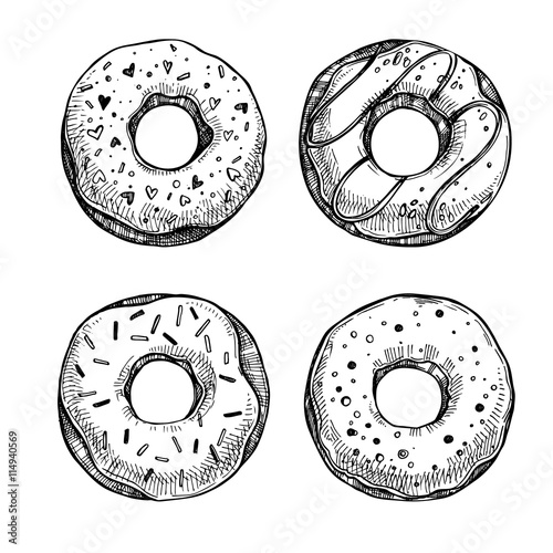 Canvas Print Hand drawn vector illustration - Set of tasty donuts. Sketch. Sw