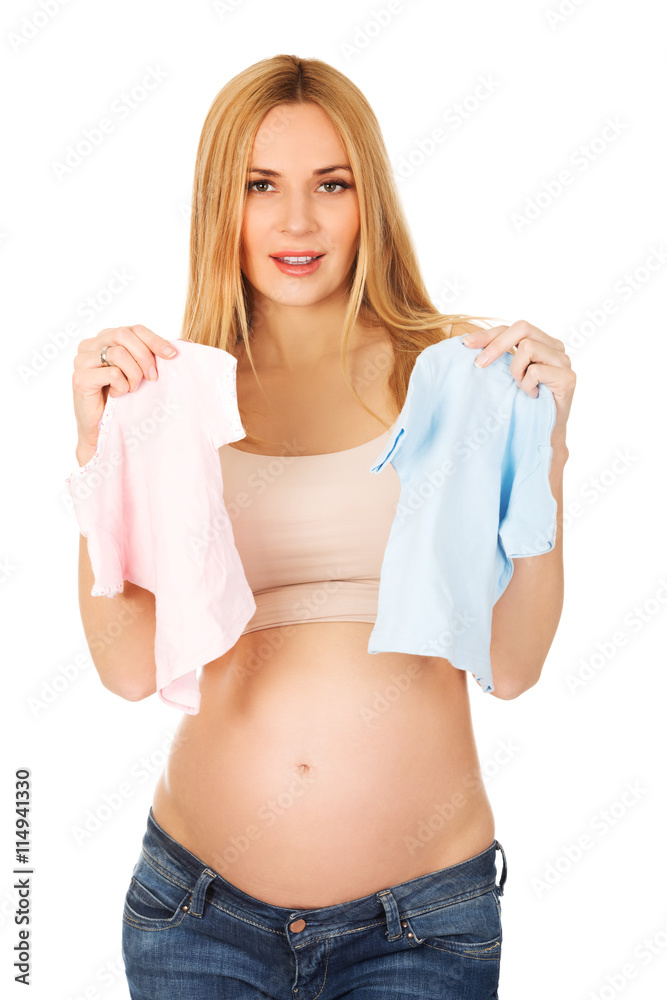 Pregnant woman with two small baby shirts Pregnant woman with two small baby shirts