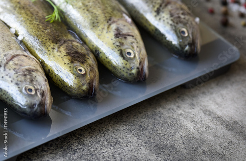 Rainbow trouts on a glass and stone board with herbs 