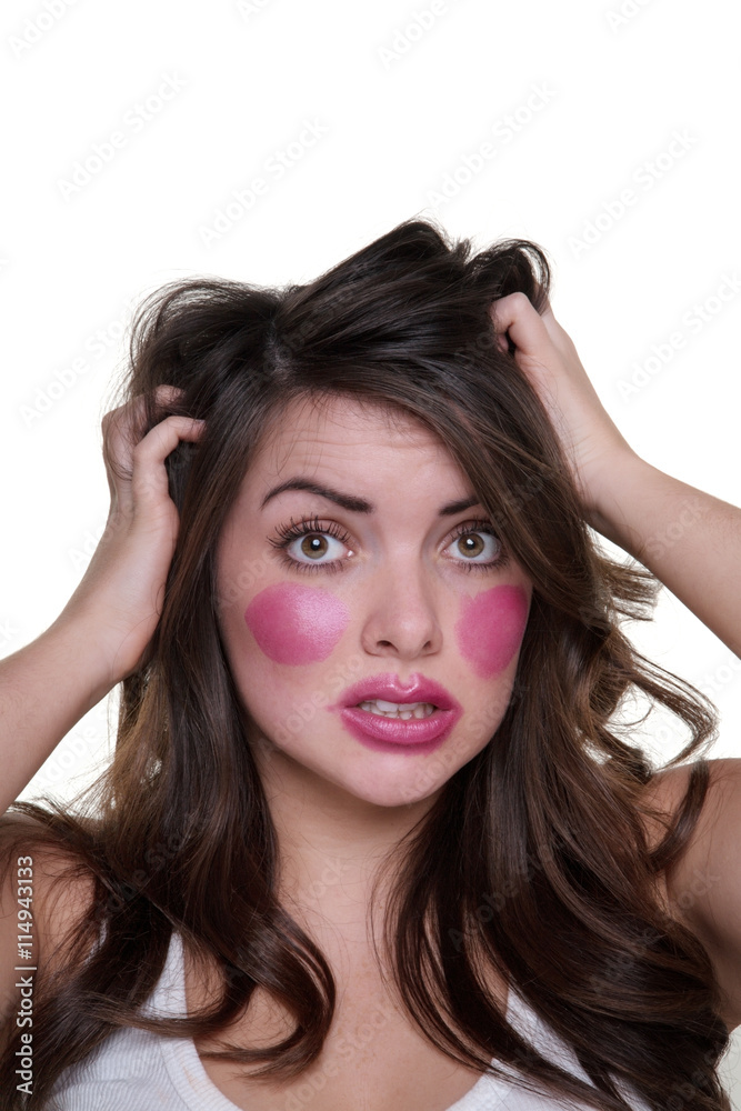 model wears lipstick on cheeks