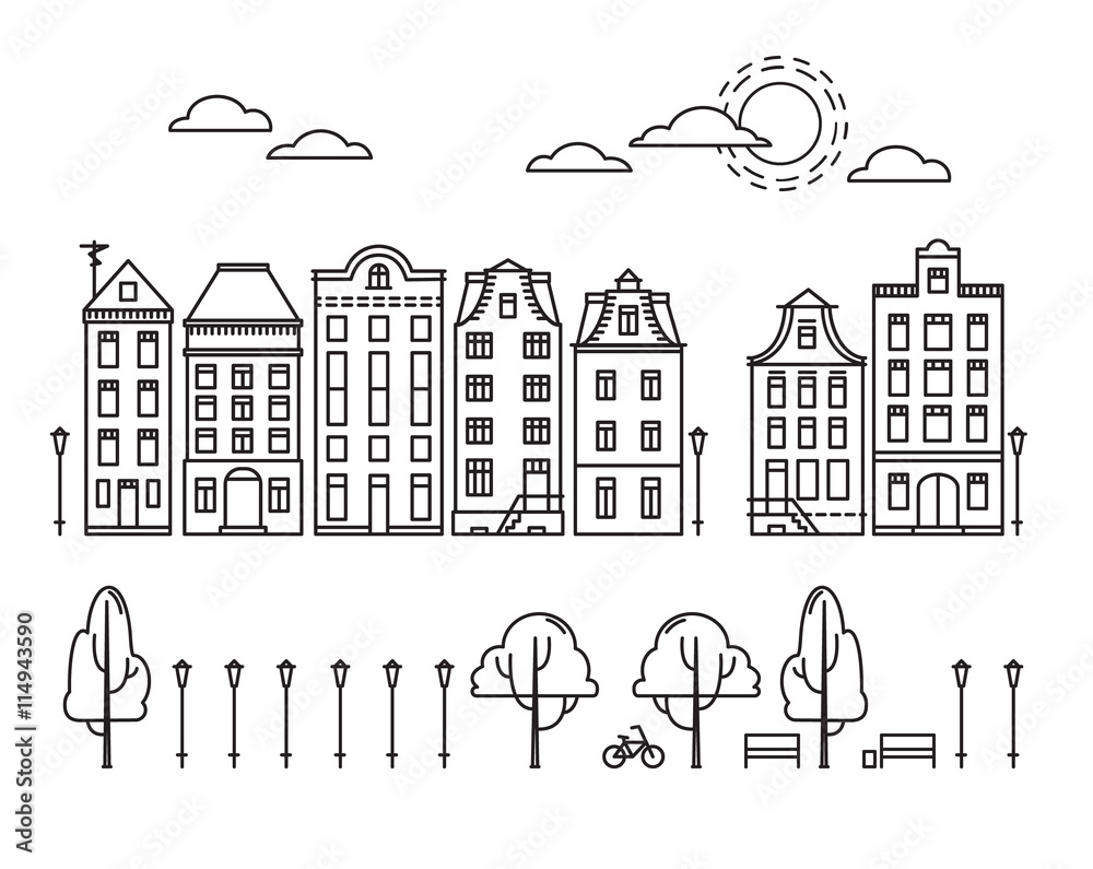 Obraz premium Vector illustration - City in linear style with trees and clouds
