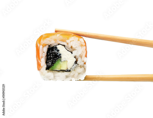 Sushi roll with chopsticks, isolated on white