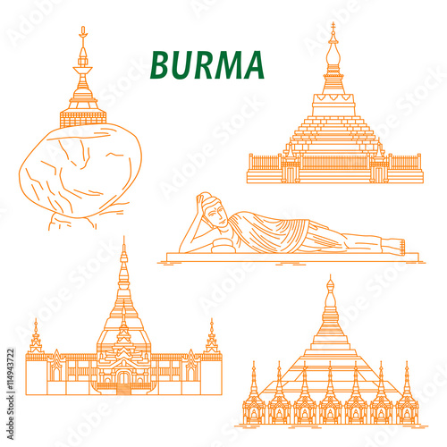 Ancient buddhist temples of Burma thin line icons