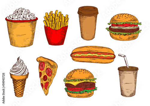 Sketched fast food lunch with drinks and ice cream