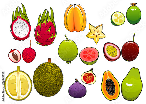 Whole and halved fresh tropical fruits