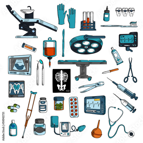 Medical instruments and equipments sketch icons