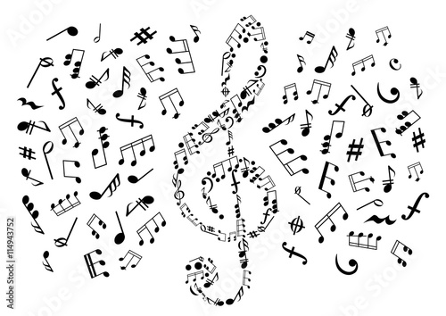 Treble clef with notes among musical symbols