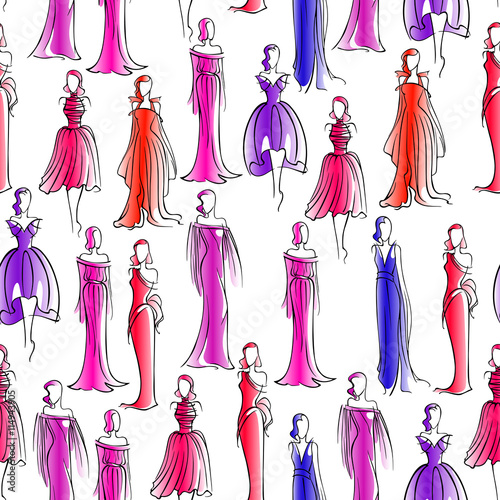 Seamless pattern with women in evening dresses