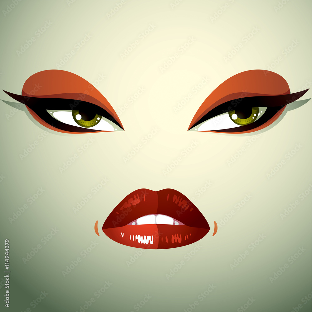 Face makeup, lips and eyes of an attractive woman displaying ang Face makeup, lips and eyes of an attractive woman displaying ang