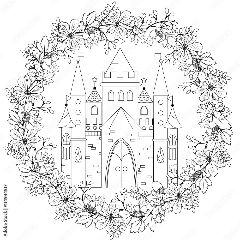 Relaxing coloring page with fairy castle in forest wreath for kids and adults, art therapy, meditation coloring book