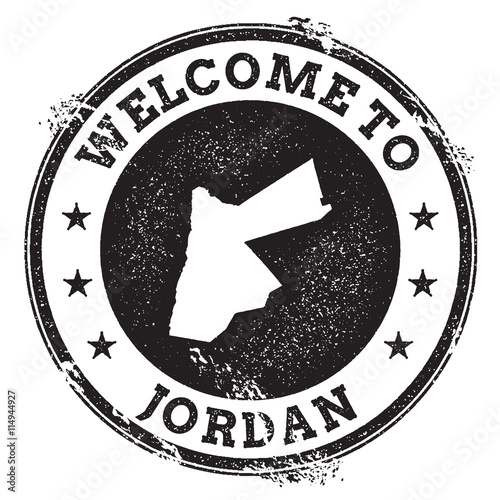 Vintage passport welcome stamp with Jordan map. Grunge rubber stamp with Welcome to Jordan text, vector illustration.