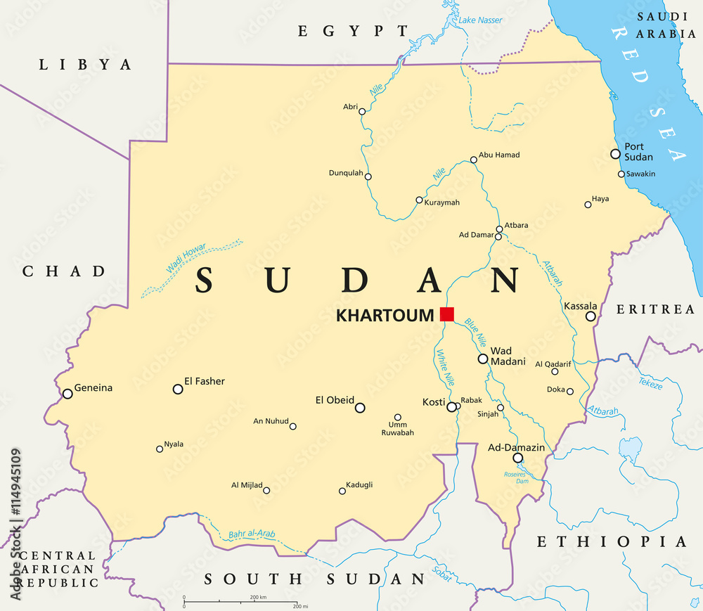 Sudan political map with capital Khartoum, national borders, important cities, rivers and lakes. Illustration with English labeling and scaling.