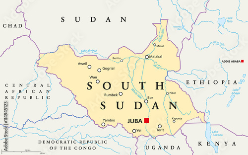 South Sudan political map with capital Juba  national borders  important cities  rivers and lakes. Illustration with English labeling and scaling.