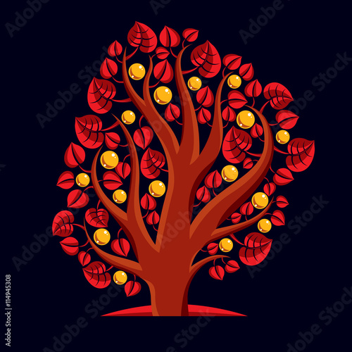 Tree with ripe apples, harvest season theme illustration. Fruitf