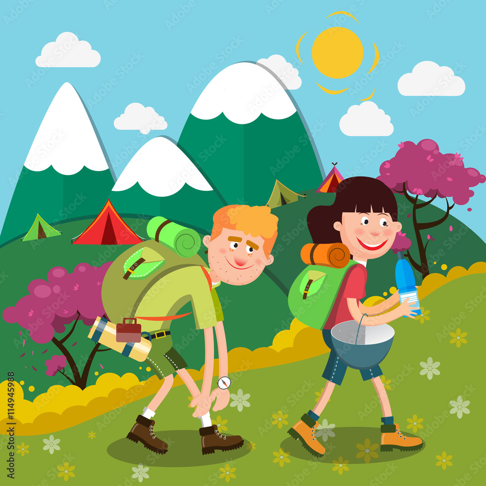 Happy Couple Hiking on the Mountains. Active People. Vector illustration
