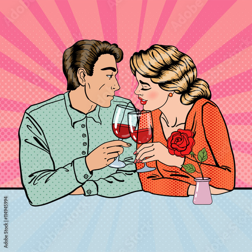 Romantic Couple with Glasses of Wine in Restaurant. Pop Art. Vector illustration