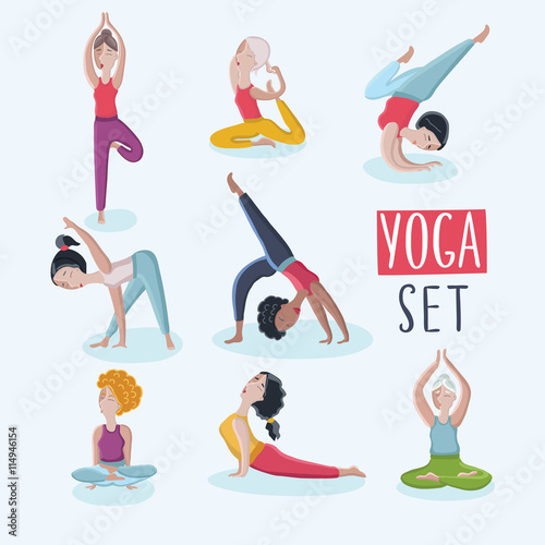 Set of different kind women doing yoga exercise