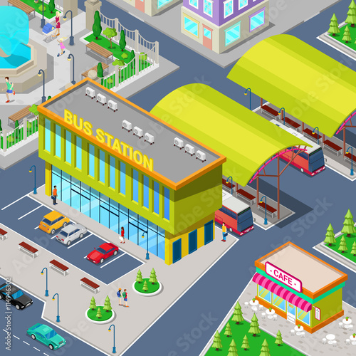 Isometric City Bus Station with Buses, Parking Area, Restaurant and Park. Vector illustration