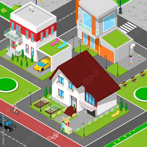 Isometric City Cottage Dormitory Area with Houses, Bicycle Path and Sports Playground. Vector illustration © Pavlo Syvak