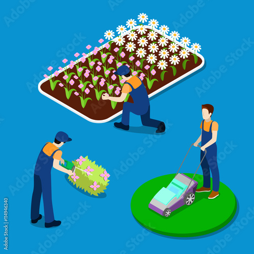 Gardener Trimming Plants. Garden Worker Using Lawn Mower. Isometric People. Vector illustration