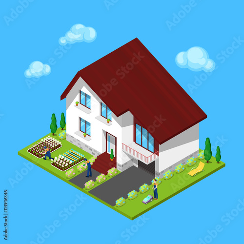 Modern Cottage House with Green Yard and Gardeners. Isometric Building. Vector illustration