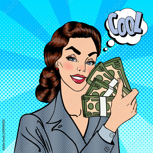 Excited Business Woman Holding Dollar Bills in her Hand. Smiling Woman with Money. Pop Art. Vector illustration