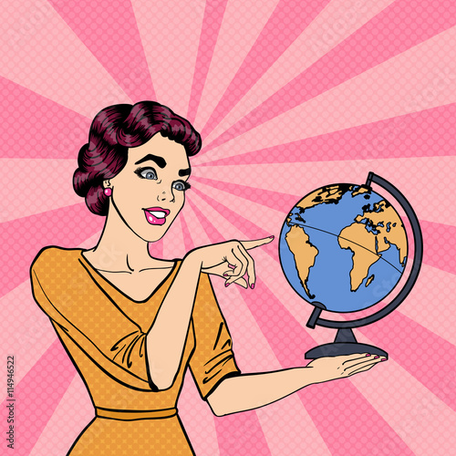 Young Woman with Globe Choosing Place for Travel. Pop Art. Vector illustration