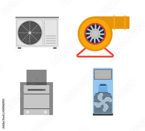 Industrial fan to remove water damage. Technology electric cooling power equipment industrial fan. Vector ventilation turbine industrial fan cold conditioner vent engine blade condition construction.
