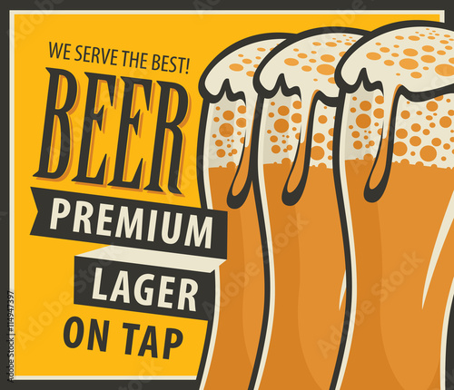 Beer glasses with foam in a retro style on a yellow background.