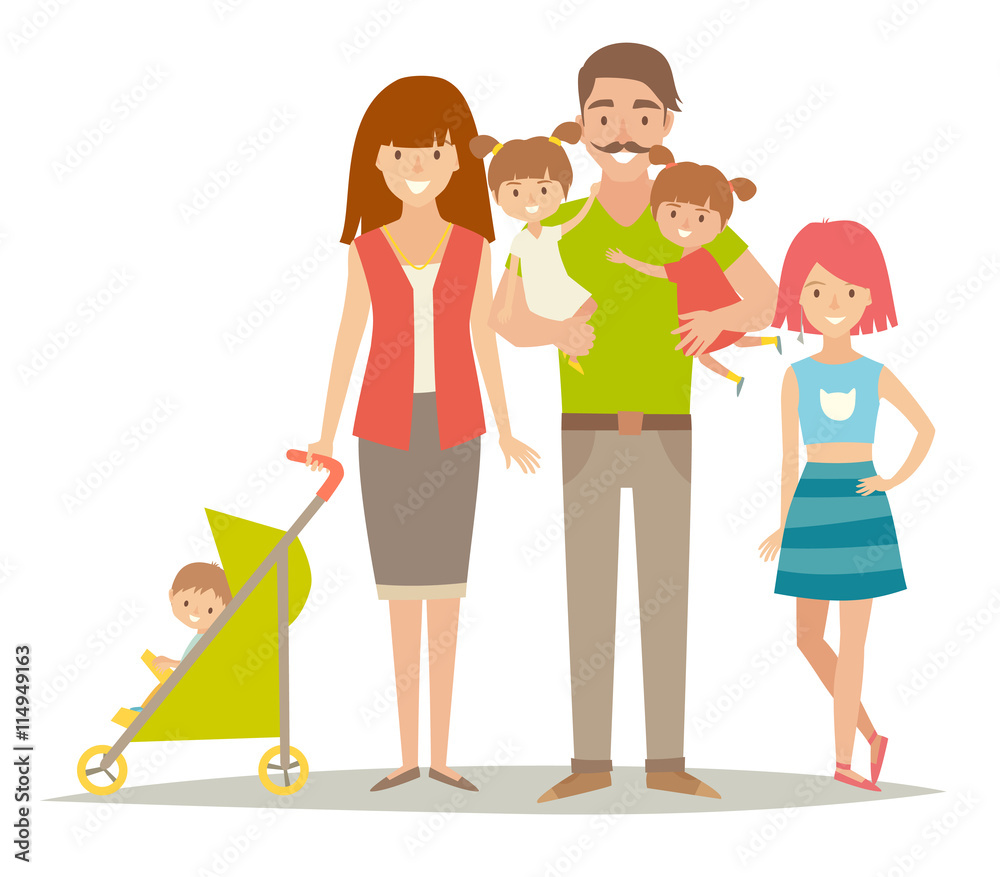 Happy family. Family with twins kids. Cartoon characters family. Family:  mother,father, brother, sisters, twins. Family  style vector  illustration isolated on white Stock Vector | Adobe Stock