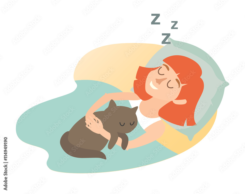 Sleeping Girl With Cat Cartoon Happy Woman Sweet Dreams Sleeping Girl Icon Sleep At Home