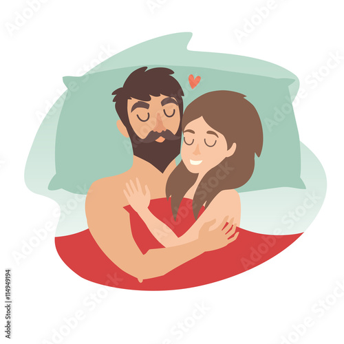 Man and woman couple at bed. Sleeping time vector illustration. People in love. Cartoon character romantic couple. Girl, boy icon. Honeymoon married people. Flat isolated sticker