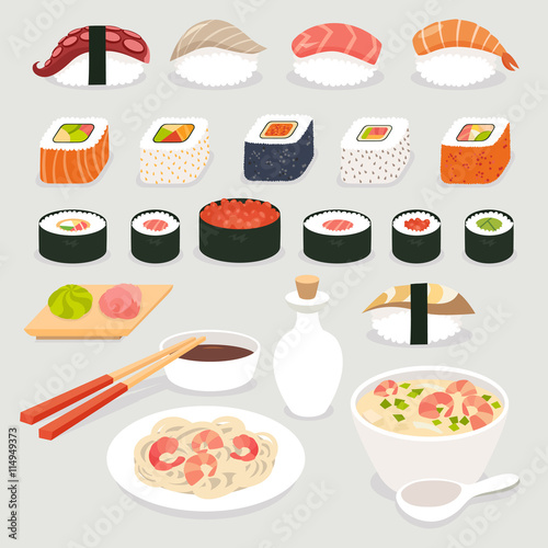 Sushi set. Sushi vector cartoon style.Japanese food objects set vector illustration.Sushi cartoon style icon.Soy sauce and sushi roll, Tom Yam soup and noodles with prawns.Isolated on white background