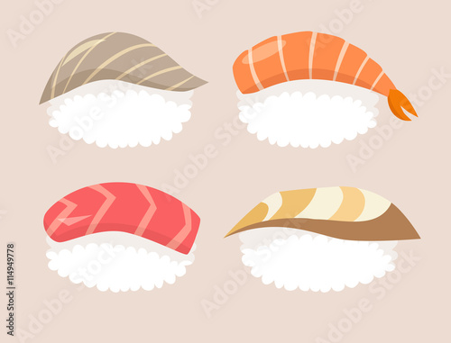 Sushi set vector. Sushi with tuna and shrimp sushi. Sushi with salmon, red fish and nori sushi with acne fish. Sushi cartoon style icon. Sushi isolated on white background Shrimp sushi. Vector sushi