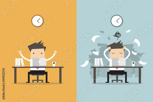 Businessman finish working and busy businessman unfinished work. Business concept cartoon vector.