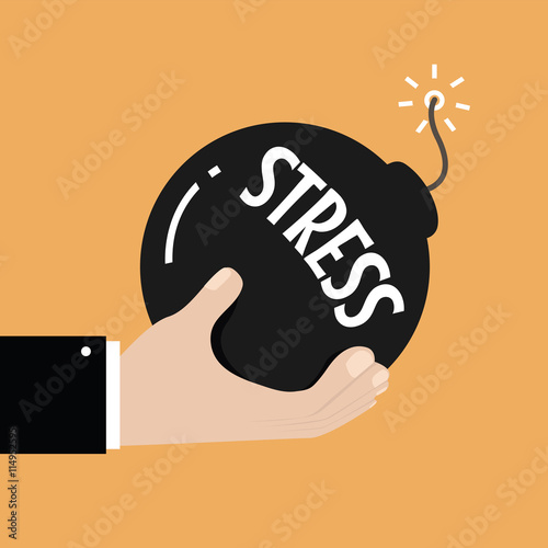 Stress and stressful situation concept. Hand holding bomb with burning fuse and stress text on it. vector