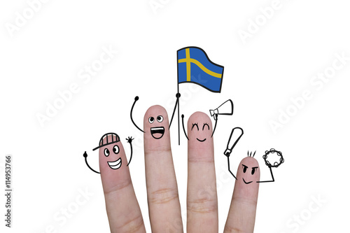 Finger concept cheer up team football with holds up flag Sweden.