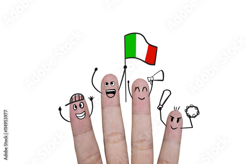 Finger concept cheer up team football with holds up flag Italy.