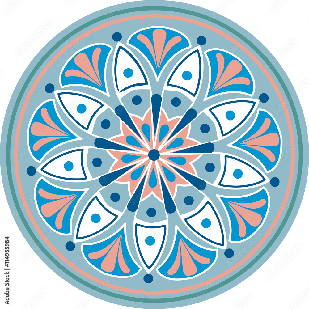 Drawing of a floral mandala in blue, pink and white colors on a white background - obrazy, fototapety, plakaty 