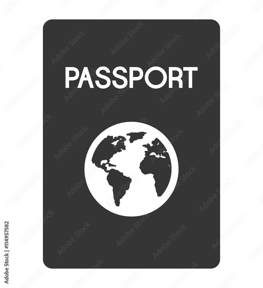black passport with white writing and world map over isolated
