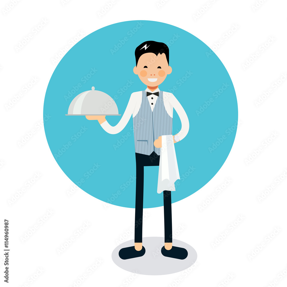 Young cheerful waiter stands with serving tray and napkin on han Young cheerful waiter stands with serving tray and napkin on han