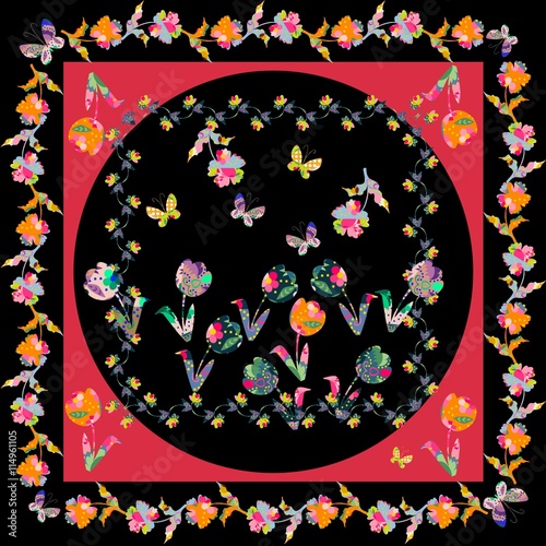 Ornamental floral bright bandana print. Silk neck scarf with beautiful colorful flowers. Kerchief square pattern design style for print on fabric. Vector illustration.