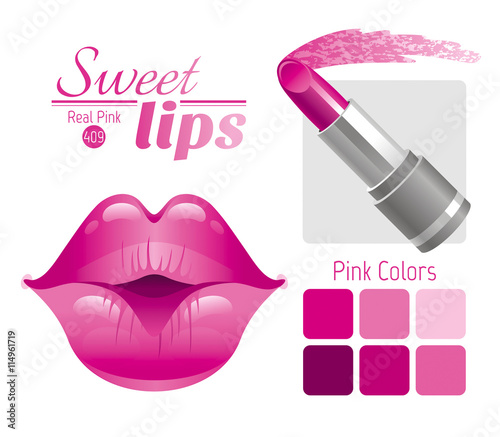 Sexy kissing woman lips with pink lipstick and color polette on white background. Icon with text lettering Sweet lips for beauty cosmetics products or salon logo. Close up kiss vector illustration