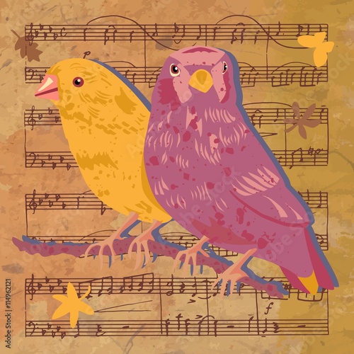 Vintage birds, butterfly and leaves on sheet music; vector illus