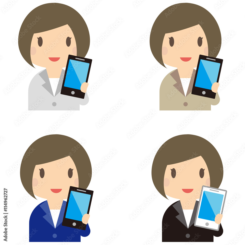 スマートフォンを持つ 4色スーツの女性 スマートフォンを持つ 4色スーツの女性